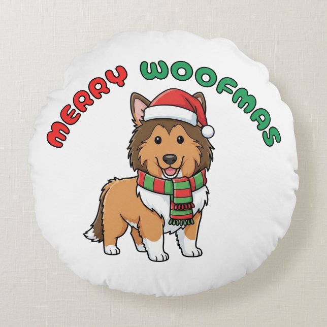Christmas Collie Round Pillow: Frohe Weihnachten Rundes Kissen (Vorderseite)