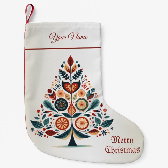 Christmas Colorful Tree Scandinavia Folk Art Kleiner Weihnachtsstrumpf (Vorderseite)