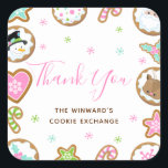 Christmas Cookie Exchange Party Pink Danke Quadratischer Aufkleber<br><div class="desc">Dieser niedliche und lustige Aufkleber enthält vereiste Kekse mit bezaubernden Figuren wie Schneemann, Rentier und Weihnachtsmann. Heilig, Zuckerrohr und Schneeflocken sorgen für eine festliche Touch. Der Text kombiniert handgeschriebene Skripte mit serifenlosen Schriftart für ein stilvolles und modernes Design. Das ist ideal für ein Party, ein Party mit Keksdekoration, einen Kekswechsel...</div>
