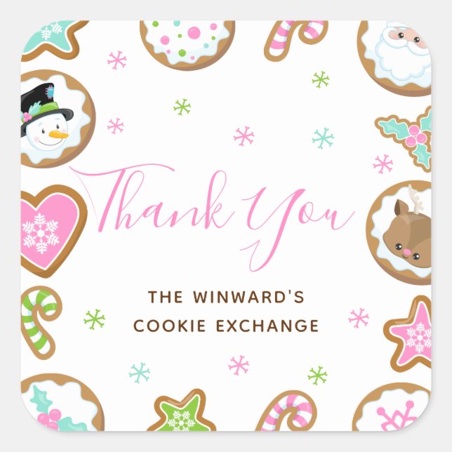 Christmas Cookie Exchange Party Pink Thank You Quadratischer Aufkleber (Vorderseite)