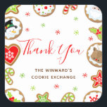 Christmas Cookie Exchange Party Red Vielen Dank Quadratischer Aufkleber<br><div class="desc">Dieser niedliche und lustige Aufkleber enthält vereiste Kekse mit bezaubernden Figuren wie Schneemann, Rentier und Weihnachtsmann. Heilig, Zuckerrohr und Schneeflocken sorgen für eine festliche Touch. Der Text kombiniert handgeschriebene Skripte mit serifenlosen Schriftart für ein stilvolles und modernes Design. Das ist ideal für ein Party, ein Party mit Keksdekoration, einen Kekswechsel...</div>