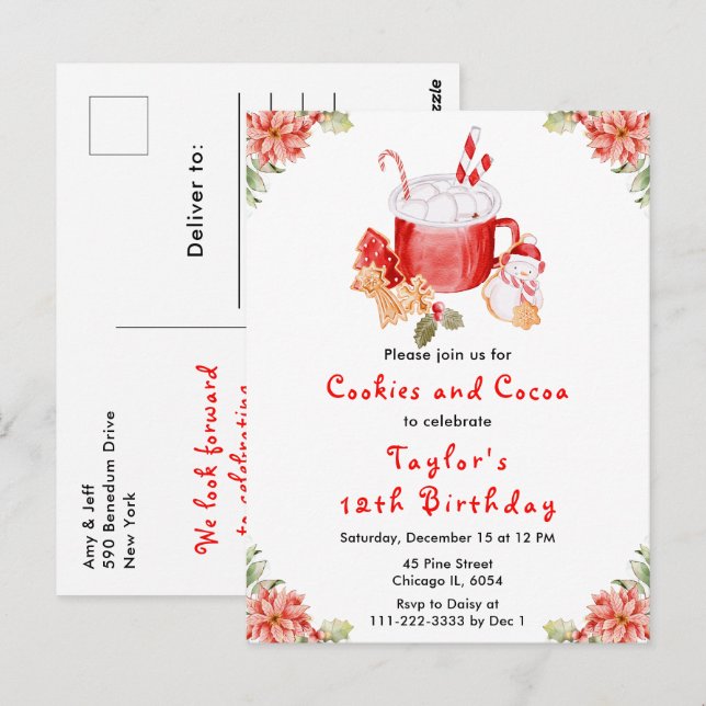 Christmas Cookies and Cocoa Birthday Party Red Postkarte (Vorne/Hinten)
