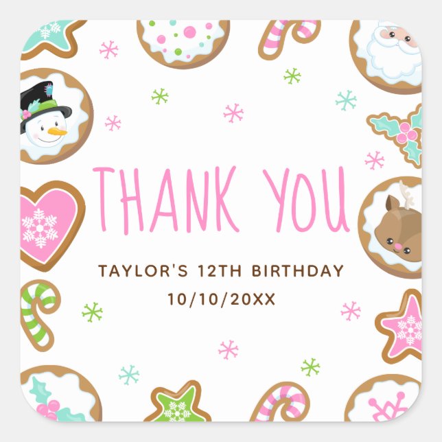 Christmas Cookies Birthday Party Pink Thank You Quadratischer Aufkleber (Vorderseite)
