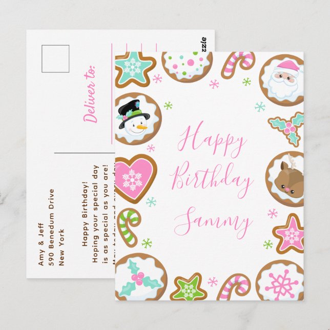 Christmas Cookies Pink and Green Happy Birthday Postkarte (Vorne/Hinten)