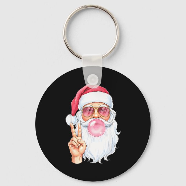 Christmas Cool Santa Bubble Gum Peace Sign Retro S Schlüsselanhänger (Vorderseite)