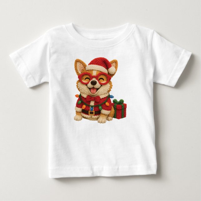 Christmas Corgi Crochet Look Baby T-shirt (Vorderseite)