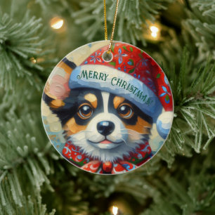 Christmas Corgi Dog Welpe mit Weihnachtsmannmütze Keramik Ornament