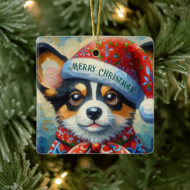 Christmas Corgi Dog Welpe mit Weihnachtsmannmütze Keramikornament (Baum)
