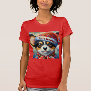 Christmas Corgi Dog Welpe mit Weihnachtsmannmütze T-Shirt