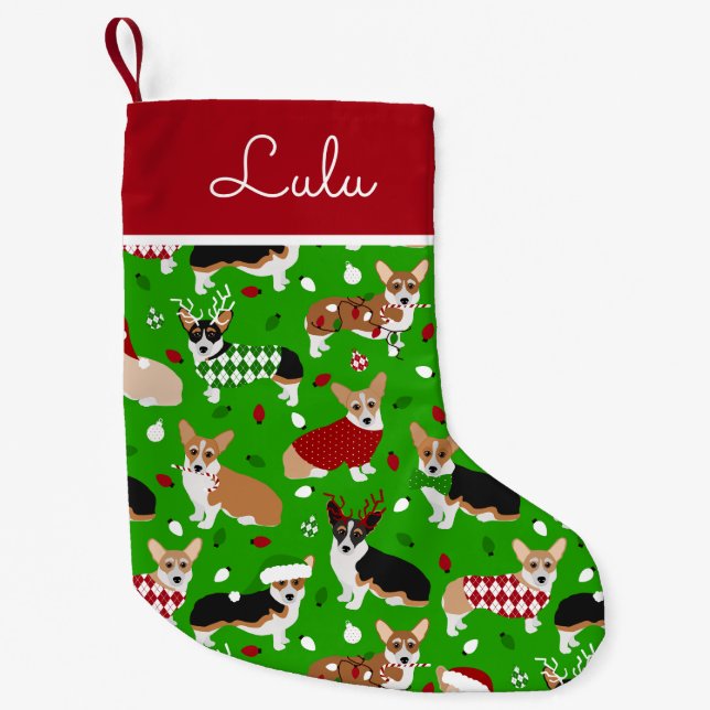 Christmas Corgi Dogs Individuelle Name Kleiner Weihnachtsstrumpf (Vorderseite)
