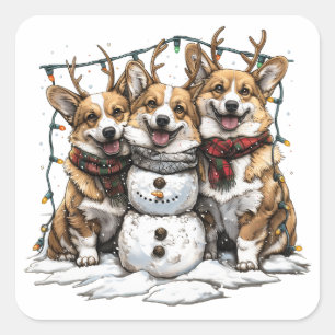 Christmas Corgi Dogs Snowman Quadratischer Aufkleber