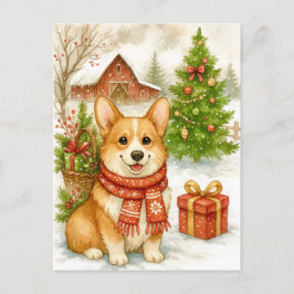 Christmas Corgi on the Farm Watercolor Postcard Feiertagspostkarte