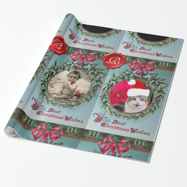 CHRISTMAS CROWN, RED RIBBON FOTO TEMPLATE MONOGRAM GESCHENKPAPIER (Ungerollt)