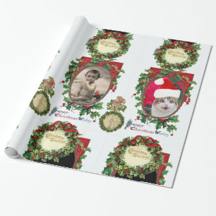 CHRISTMAS CROWNS, BANJO, RED RIBBONS FOTOPROBE GESCHENKPAPIER