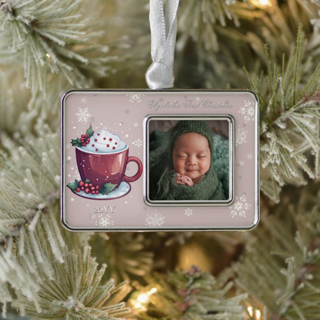 Christmas Cup of Hot Chocolate Photo | Blush Pink Rahmen-Ornament Silber (Baum)