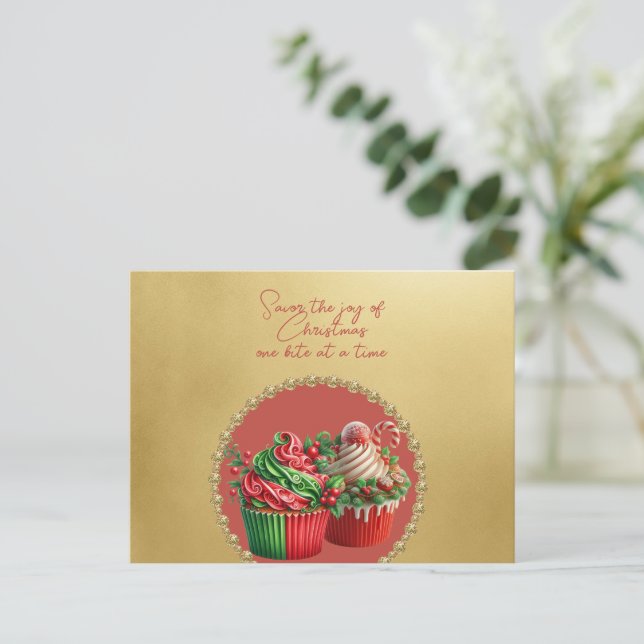 Christmas Cupcakes Savor the Joy Postkarte (Stehend Vorderseite)