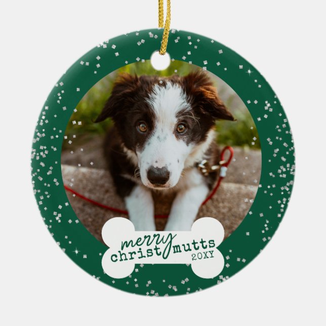 Christmas Cute Green Sparkly Pet Dog Photo Keramik Ornament (Vorne)
