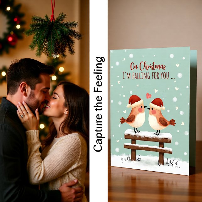Christmas Cute Romantic Love Birds in Falling Snow Karte (Von Creator hochgeladen)