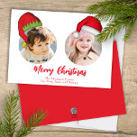 Christmas Cute Santa Elf Funny Whimsical 2 Photo Feiertagskarte<br><div class="desc">Jolly Santa Claus and whimsical and cute Jolly Elf from the North Pole. This Whimsical and Fun Multi photo Christmas photo card template has a 3 photo layout. Having fun adding your photos to this layout is easy with this funny and cute design with cute hats. Wish you and yours...</div>