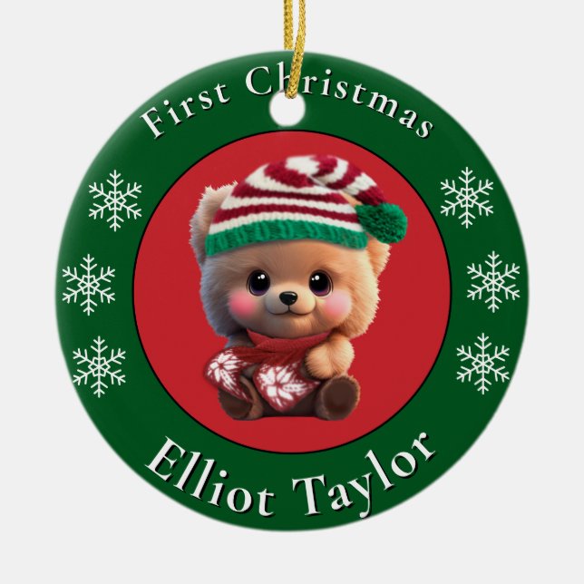 Christmas cute teddy bear cub red green lights  keramik ornament (Vorne)