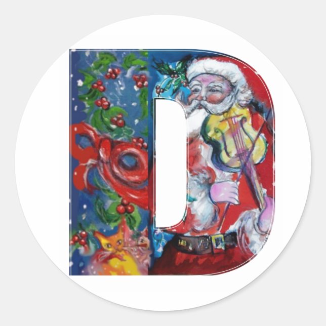 CHRISTMAS D BRIEF / SANTA MIT VIOLIN MONOGRAM RUNDER AUFKLEBER (Vorderseite)
