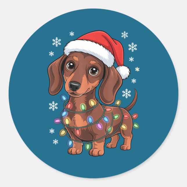 Christmas Dachshund Lights Santa Hat Holiday Dog L Runder Aufkleber (Vorderseite)