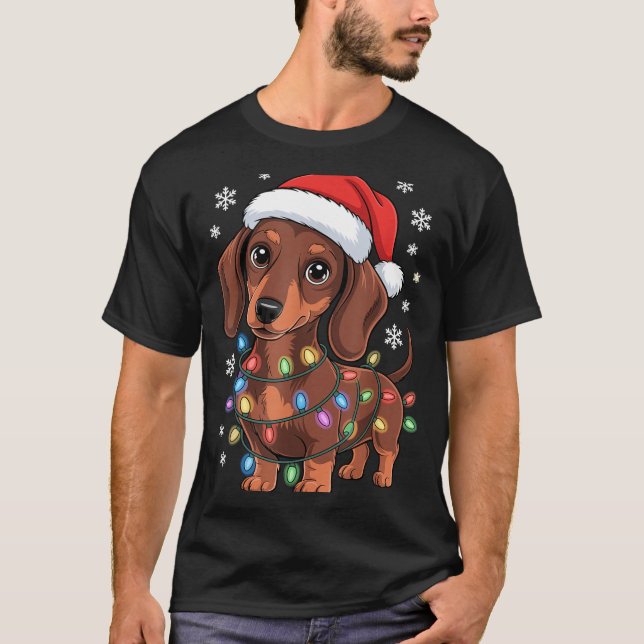 Christmas Dachshund Lights Santa Hat Holiday Dog L T-Shirt (Vorderseite)