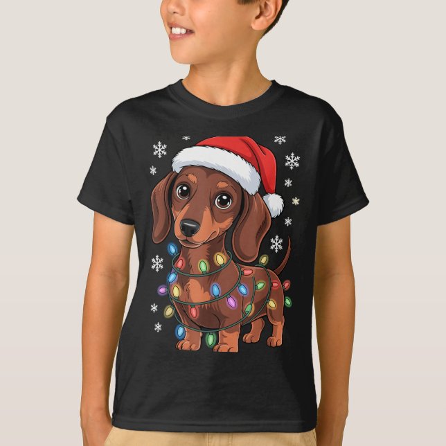 Christmas Dachshund Lights Santa Hat Holiday Dog L T-Shirt (Vorderseite)