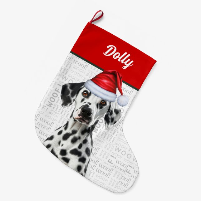 Christmas Dalmatian Dog with Name Woof Background Großer Weihnachtsstrumpf (Vorderansicht (hängend))