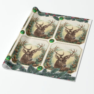 CHRISTMAS DEER,PINE CONES CROWN,GREEN GEMSTONES GESCHENKPAPIER