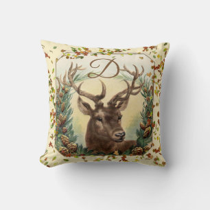 CHRISTMAS DEER,PINE CONES CROWN MONOGRAM Elfenbein Kissen