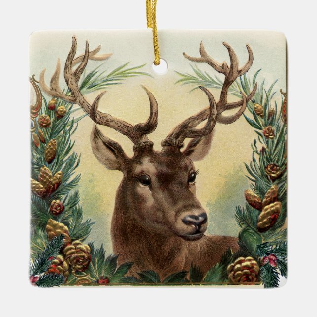 CHRISTMAS DEER ,PINE CONES CROWN,RED GREEN GEMS KERAMIKORNAMENT (Vorderseite)