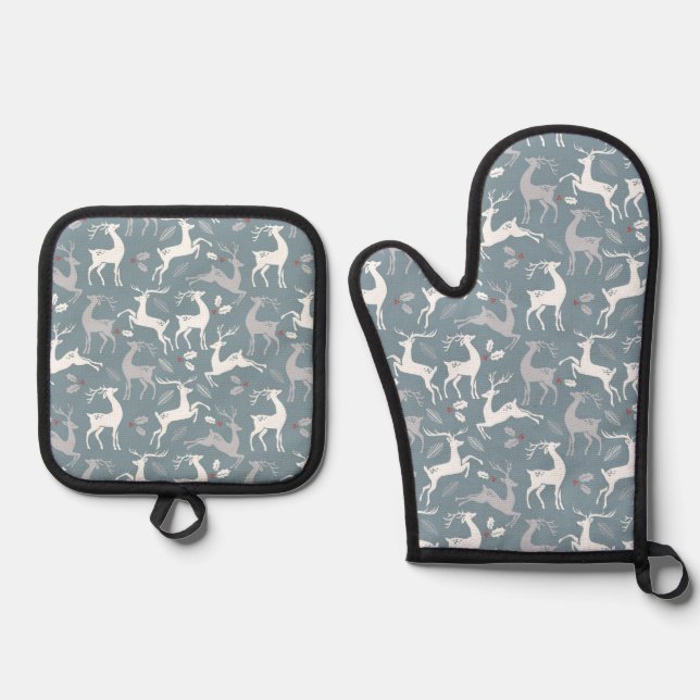 Christmas Deer Prancing With Holly Kitchen Ofenhandschuh & Topflappen-Set (Vorderseite)
