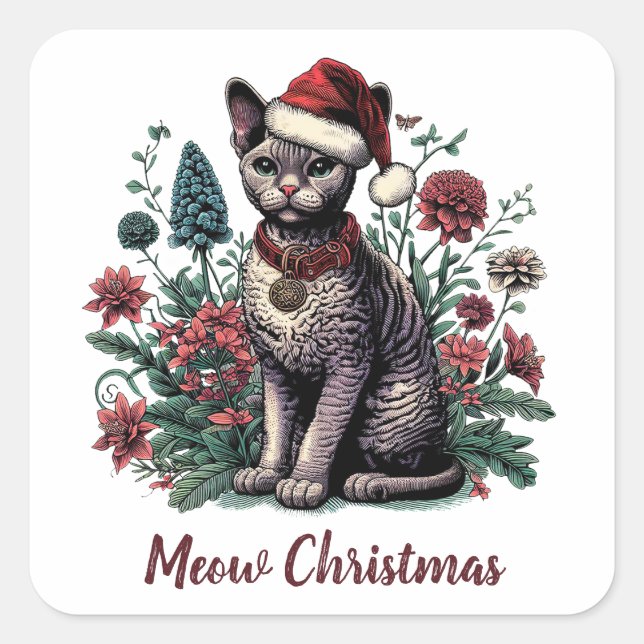 Christmas Devon Rex Cat: Weihnachtsmannmütze und B Quadratischer Aufkleber (Vorderseite)