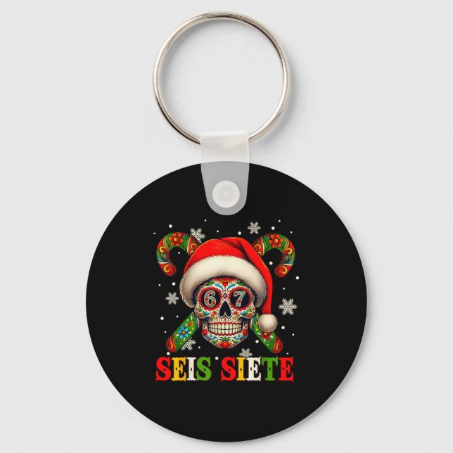 Christmas Dia De Los Muertos Sugar Skull Seis Siet Schlüsselanhänger (Vorderseite)