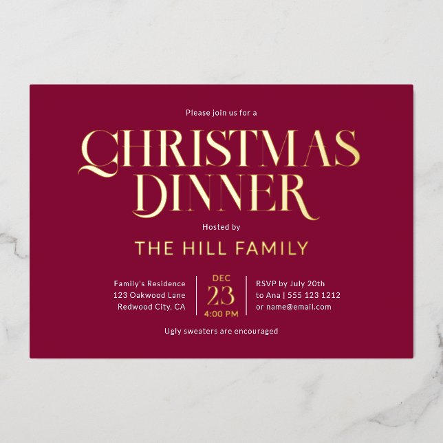 Christmas Dinner Elegant Red Folieneinladung (Vorderseite)