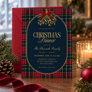 Christmas Dinner Invitation Navy Tartan Plaid Red