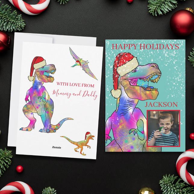 Christmas Dinosaur Custom Foto Feiertagskarte (Dinosaur christmas custom photo holiday card with T-Rex santa)