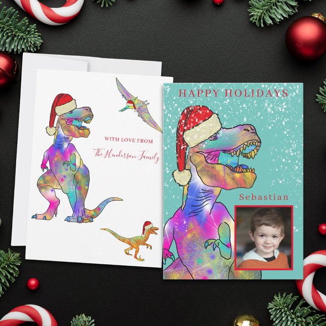 Christmas Dinosaur Custom Foto Feiertagskarte (Christmas dinosaur custom photo family holiday greetings card)