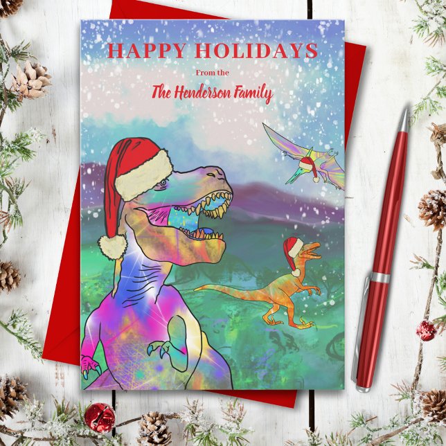 Christmas Dinosaur T-Rex Santa Feiertagskarte (Christmas dinosaurs wearing santa hats in the snow custom holiday greetings card)