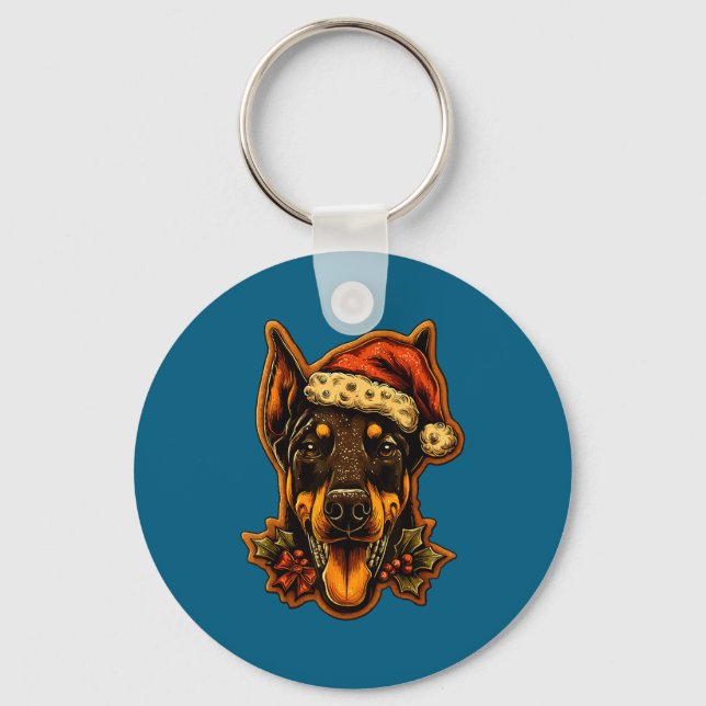 Christmas Doberman Dog With Santa Hat Gingerbread  Schlüsselanhänger (Vorderseite)