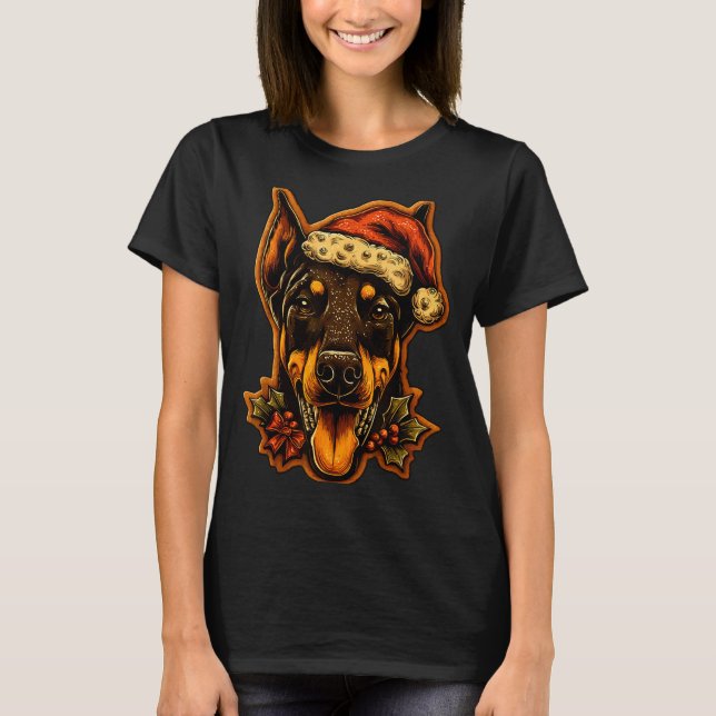 Christmas Doberman Dog With Santa Hat Gingerbread  T-Shirt (Vorderseite)