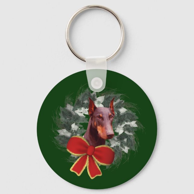 Christmas Doberman Wreath Holiday Schlüsselanhänge Schlüsselanhänger (Vorderseite)