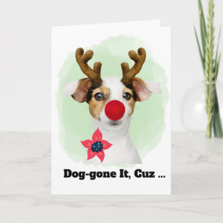 Christmas Dog with Antlers for Cousin Funny Feiertagskarte