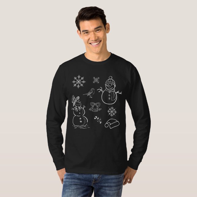 Christmas Doodle Snowman Funny Black und White T-Shirt (Vorne ganz)