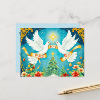Christmas Doves, Christmas Tree, Love,Peace, Joy Postkarte