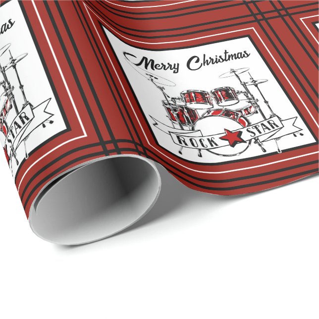 Christmas Drummer Rock Star Drum Kit Musician Geschenkpapier (Rolleneckpunkt)