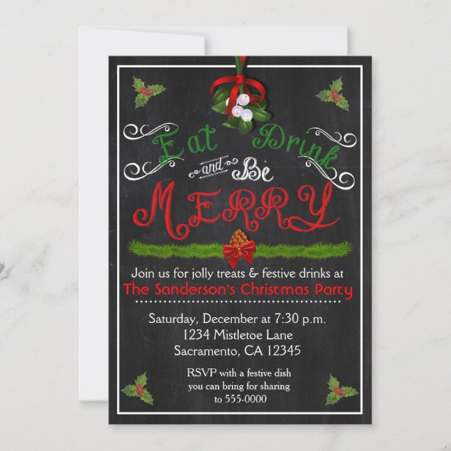Christmas Eat Drink Vintage Chalkboard Invitation (Devant)