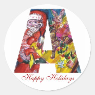 CHRISTMAS EIN SCHREIBEN / SANTA MIT GIFTS-MONOGRAM RUNDER AUFKLEBER