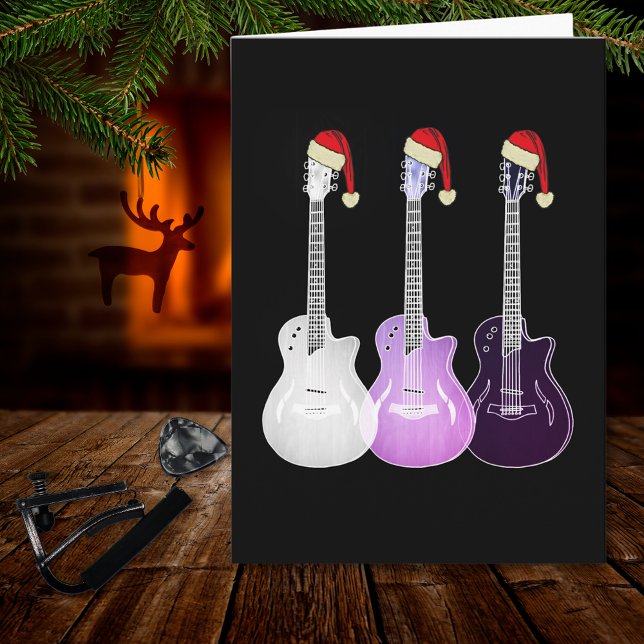 Christmas Electric Gitarre pink Karte (Christmas guitars wearing santa hats pink black and white music themed holiday greetings card)